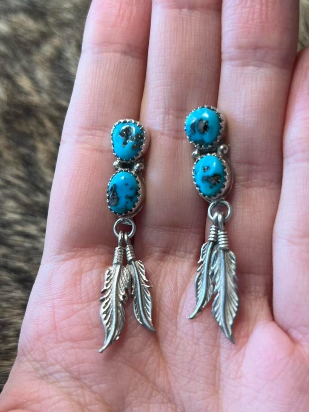 Sterling silver Native American Navajo turquoise feather drop earrings